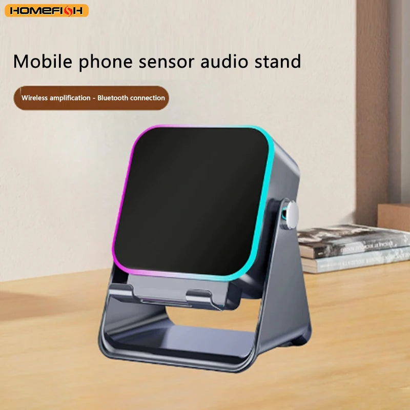 Suporte Portátil para Telefone Bluetooth Auto-falante Sem Fio de Indução Automática 5 em 1 com 8 Modos de Luz, Som Surround