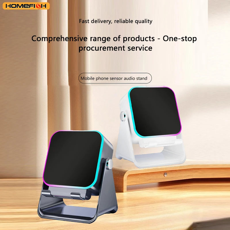 Suporte Portátil para Telefone Bluetooth Auto-falante Sem Fio de Indução Automática 5 em 1 com 8 Modos de Luz, Som Surround