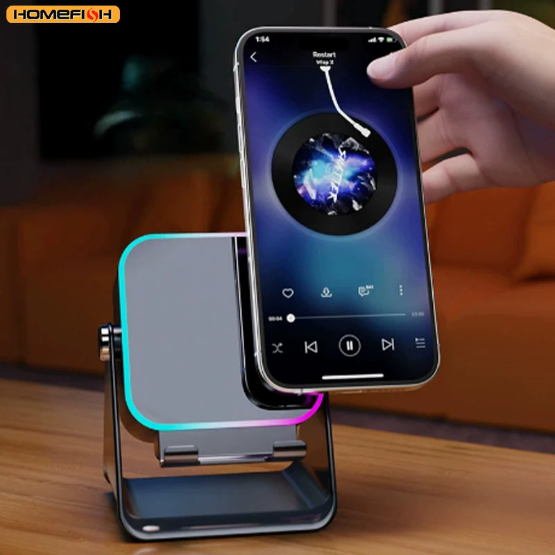 Suporte Portátil para Telefone Bluetooth Auto-falante Sem Fio de Indução Automática 5 em 1 com 8 Modos de Luz, Som Surround